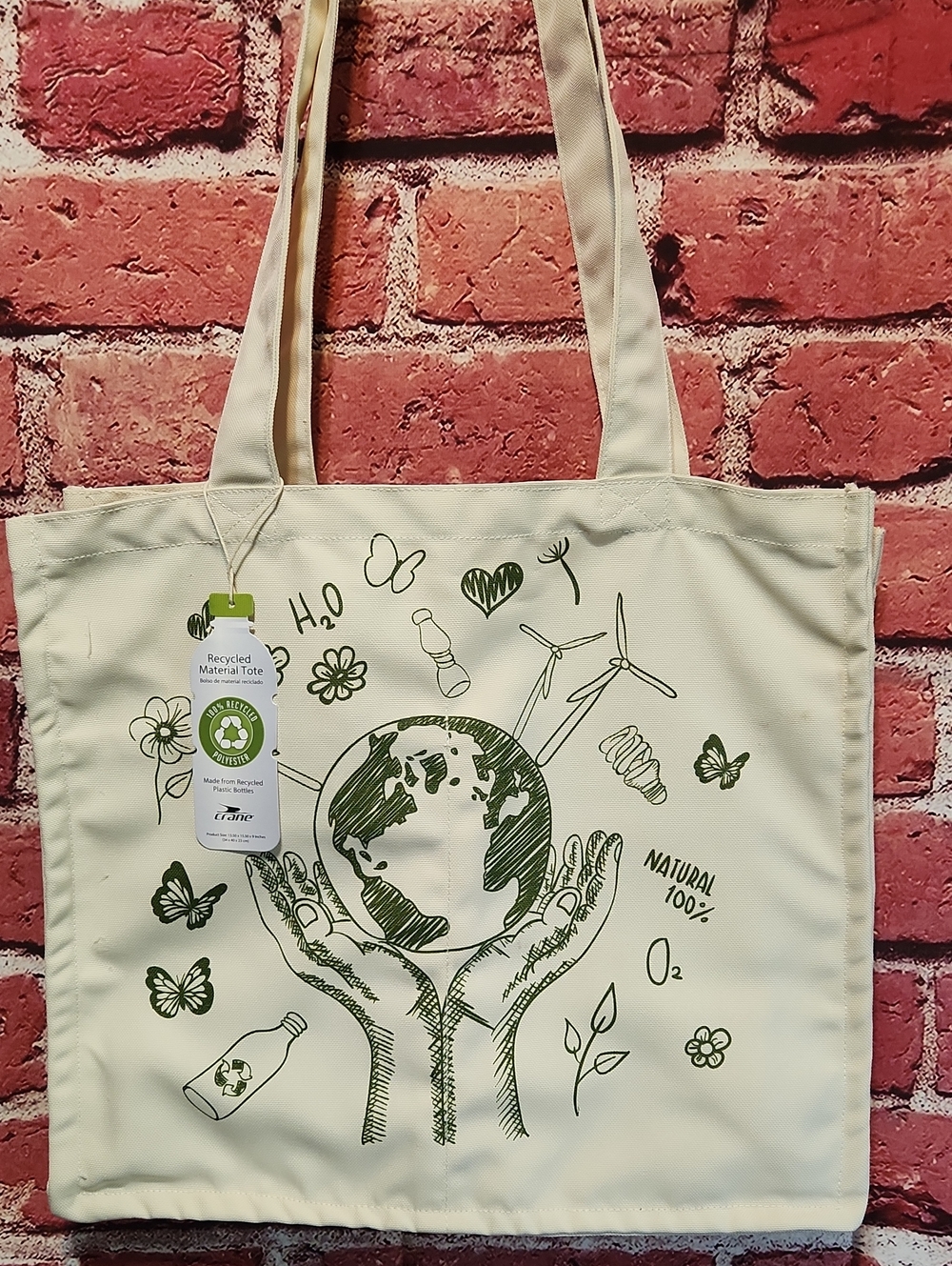 Cream Tote Bag with Green Earth Graphic - Recycled Material